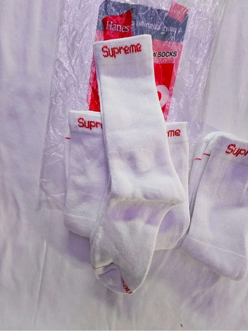 Hanes Supreme White Crew Socks with Red Logo - 4 Pack